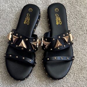 Black and Gold Studded Slides